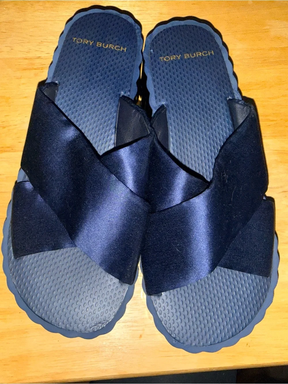 Tory Burch Navy Satin Crisscross Slide Sandals